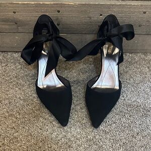 Vintage MaxStudio Black Suede Leather Pointed Toe Ribbon Tie Stiletto Heels
